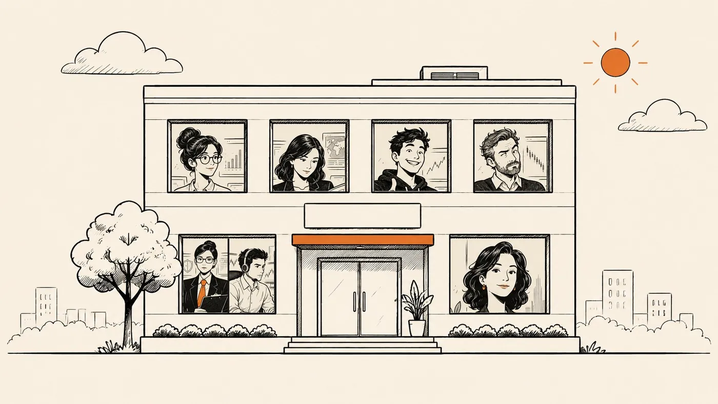 Line drawing of the office building where seven AI trading agents work at the windows